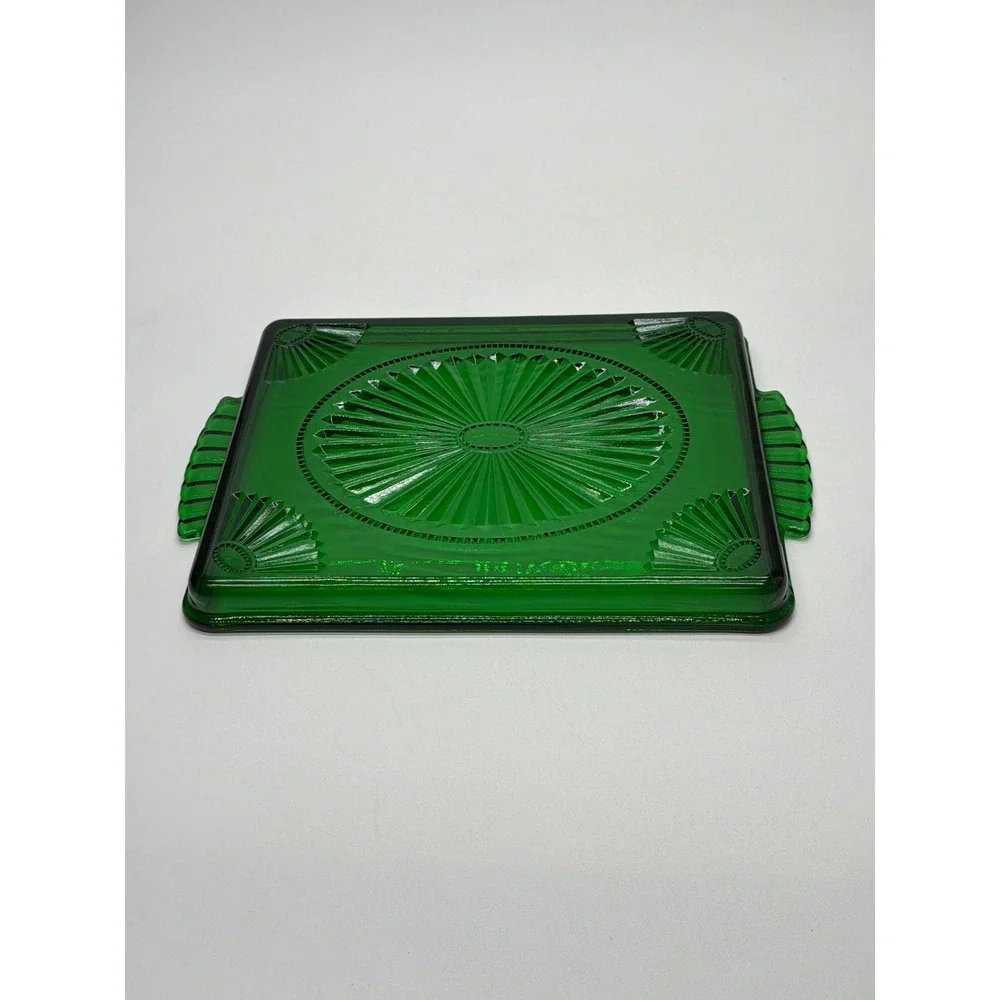 Vintage Emerald Green Depression Glass Sunburst Fan Tray Art Deco Tab Handles